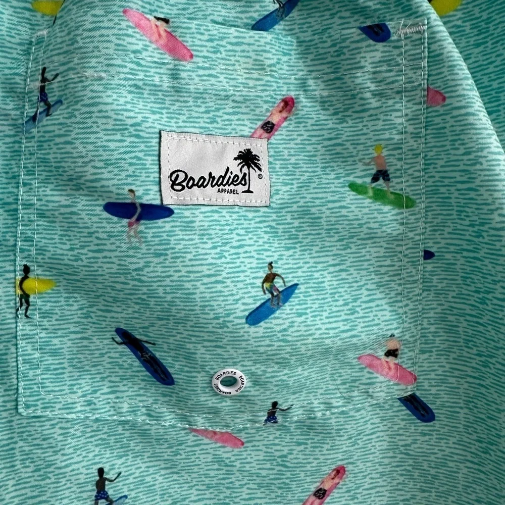 NEW Boardies Apparel Men’s Swim Trunks Aqua Blue Surfer Print Size Large